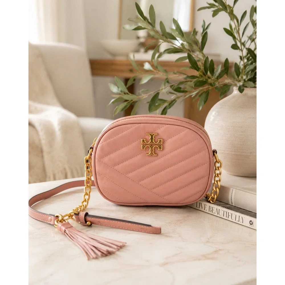 Tory Burch Kira Chevron Small Camera Bag Pink Moon Quilted Leather Crossbody